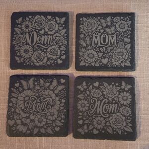 Mother's Day gift, Set of 4 'Mom' Floral Slate Coasters - Black & Gray